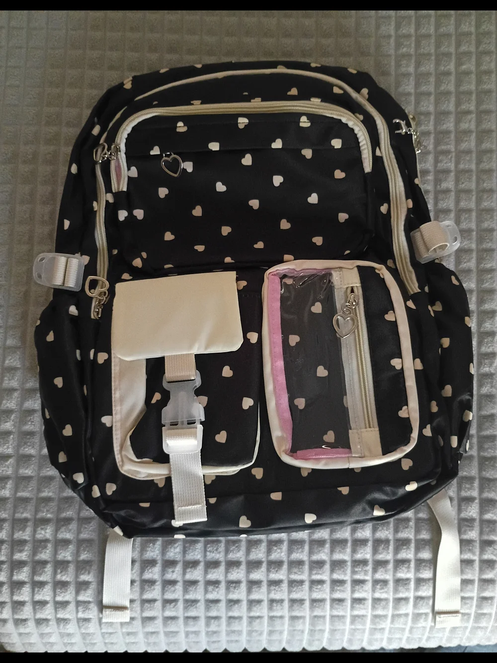 NEW SAIERNA 3-Piece Kids Backpack Set Black Hearts School Bag Lunch Tote Pencil